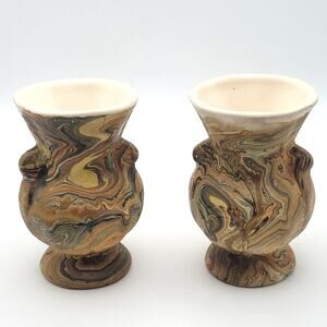 Vintage Marbled Pottery Bud Vases Set of 2 Earth Tone Swirl Small 3.5″